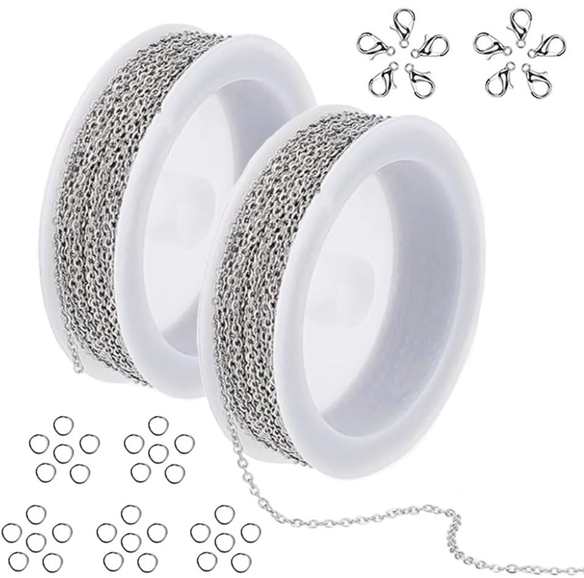 2 stuks roestvrijstalen halskettingen 6 meter DIY schakelkettingen, sieraden maken ketting, met 10 karabijnsluitingen en 30 springringen, voor het maken van sieraden kabelkettingen, metalen