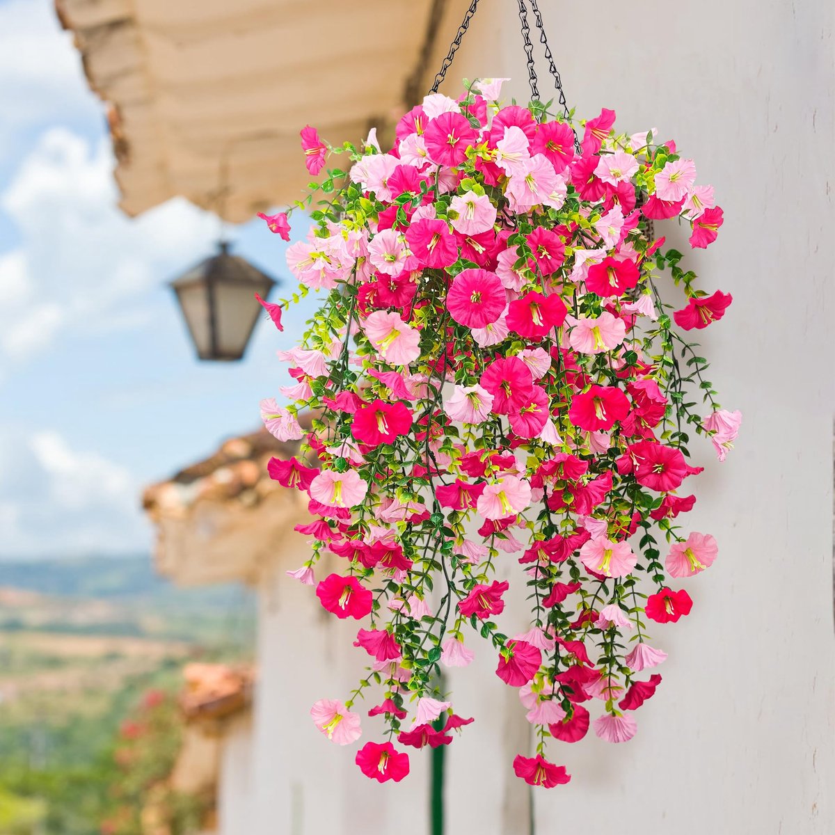 2/4 stuks kunsthangplanten, kunstbloemen, hangend als echte hangende kunstplanten, weerbestendig, kunstbloemen, ranken voor buiten, binnen, balkon, terras, bloemenhanger (4, rozerood petunia)