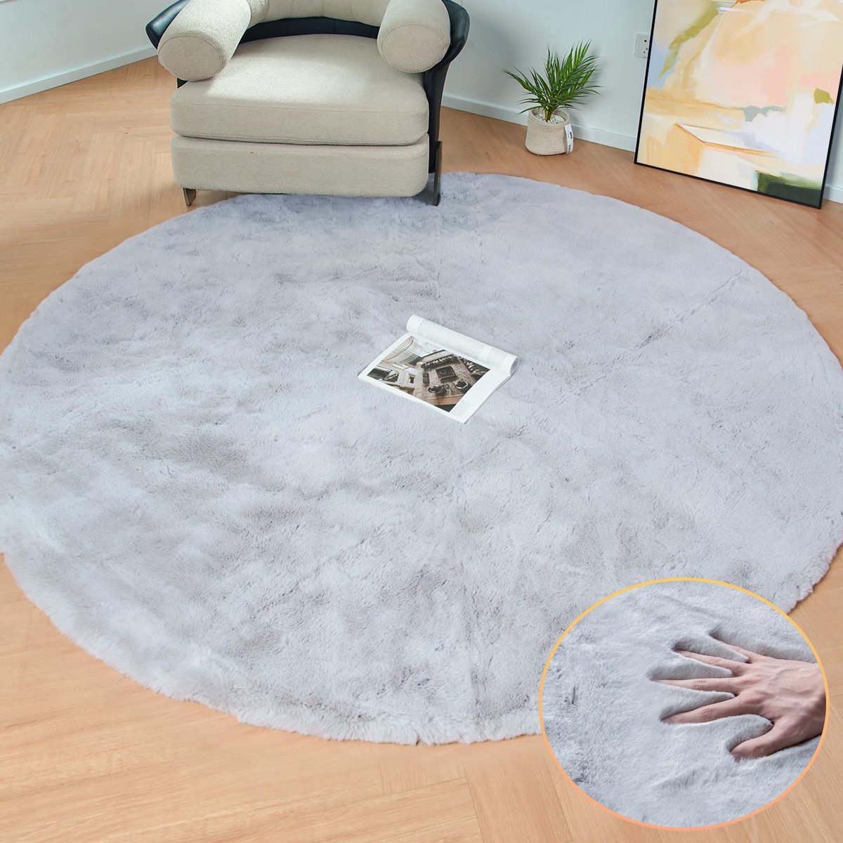 Rond 150 cm grijs Zacht Vloerkleed Konijnenbont Pluizig Tapijt voor Slaapkamer