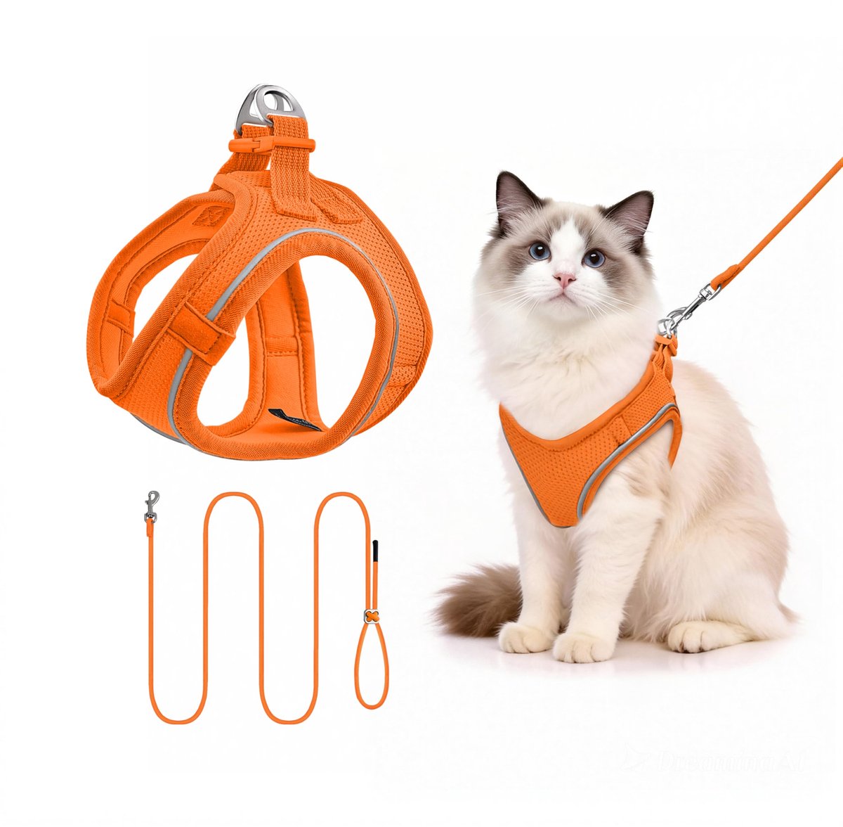 Tuigje, anti-trekfunctie, verstelbaar tuigje voor puppy's, set van reflecterend tuigje en leiband voor kleine en middelgrote honden (oranje S)