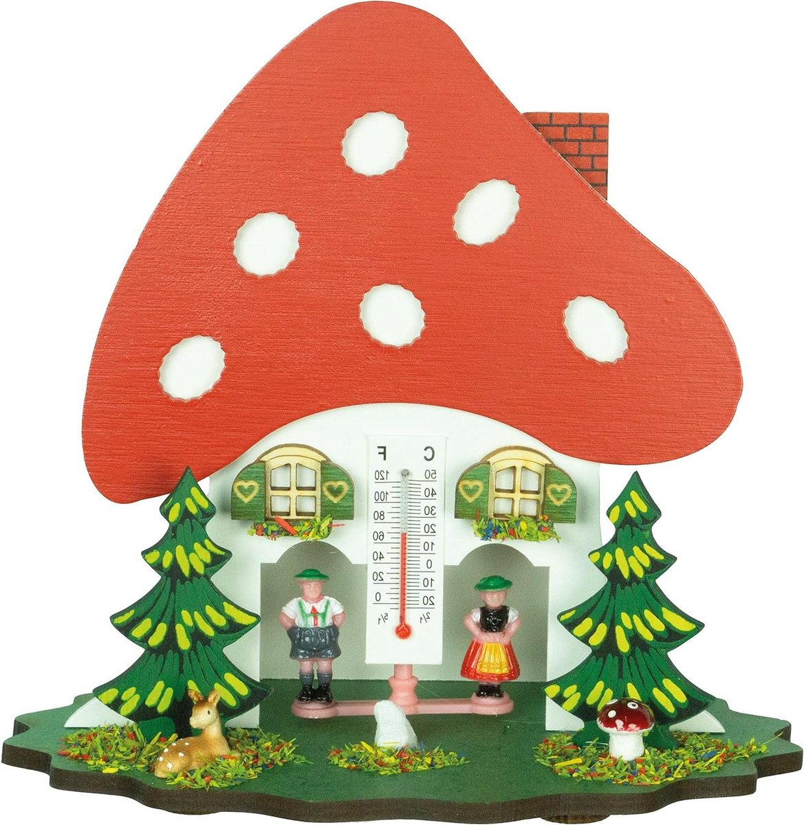 Weerhuisje Houten - Weerstation Huisje - Weersvoorspelling Thuis - Draaiend Figuur Mechanisme - 16 x 15 x 8 cm - Kleurrijk
