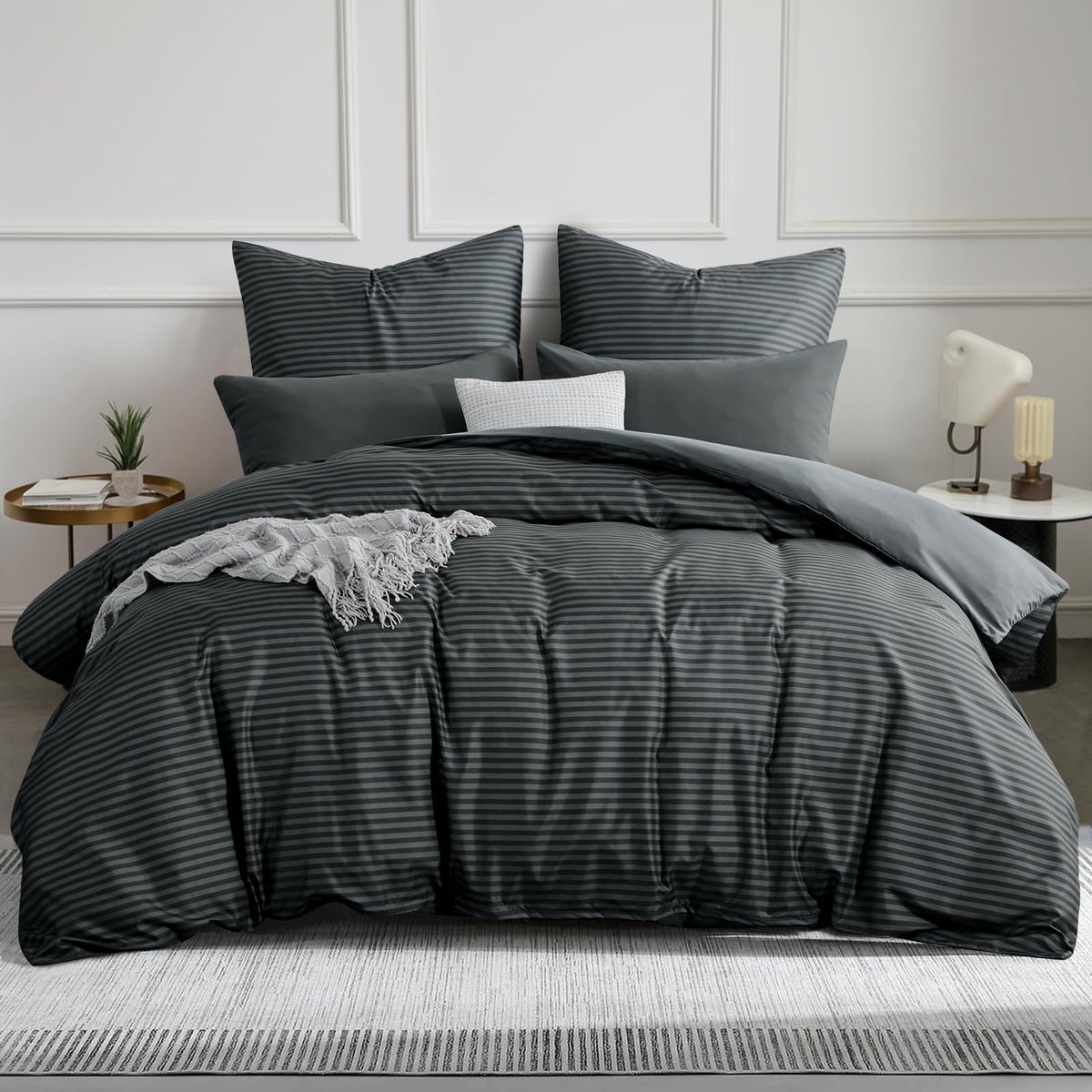 Dekbedovertrek - beddengoedset van 220 x 200 cm, gestreept antracietgrijs patroon met 2 kussenslopen 80 x 80 cm, microvezel dekbedovertrek met ritssluiting