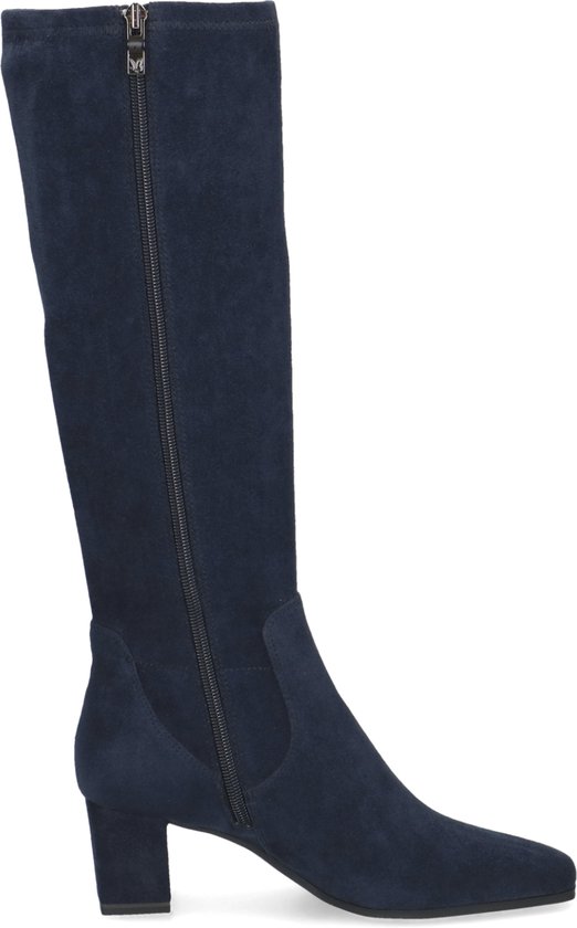 Donkerblauwe suède laars met ritssluiting, spitse neus en blokhak.