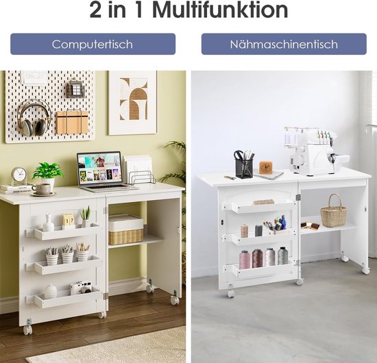 Opvouwbare naaitafel - Naaimachinekast - Hobby en knutselen - Met wielen en opbergruimte - 1185 x 40 x 795 cm — afbeelding 5