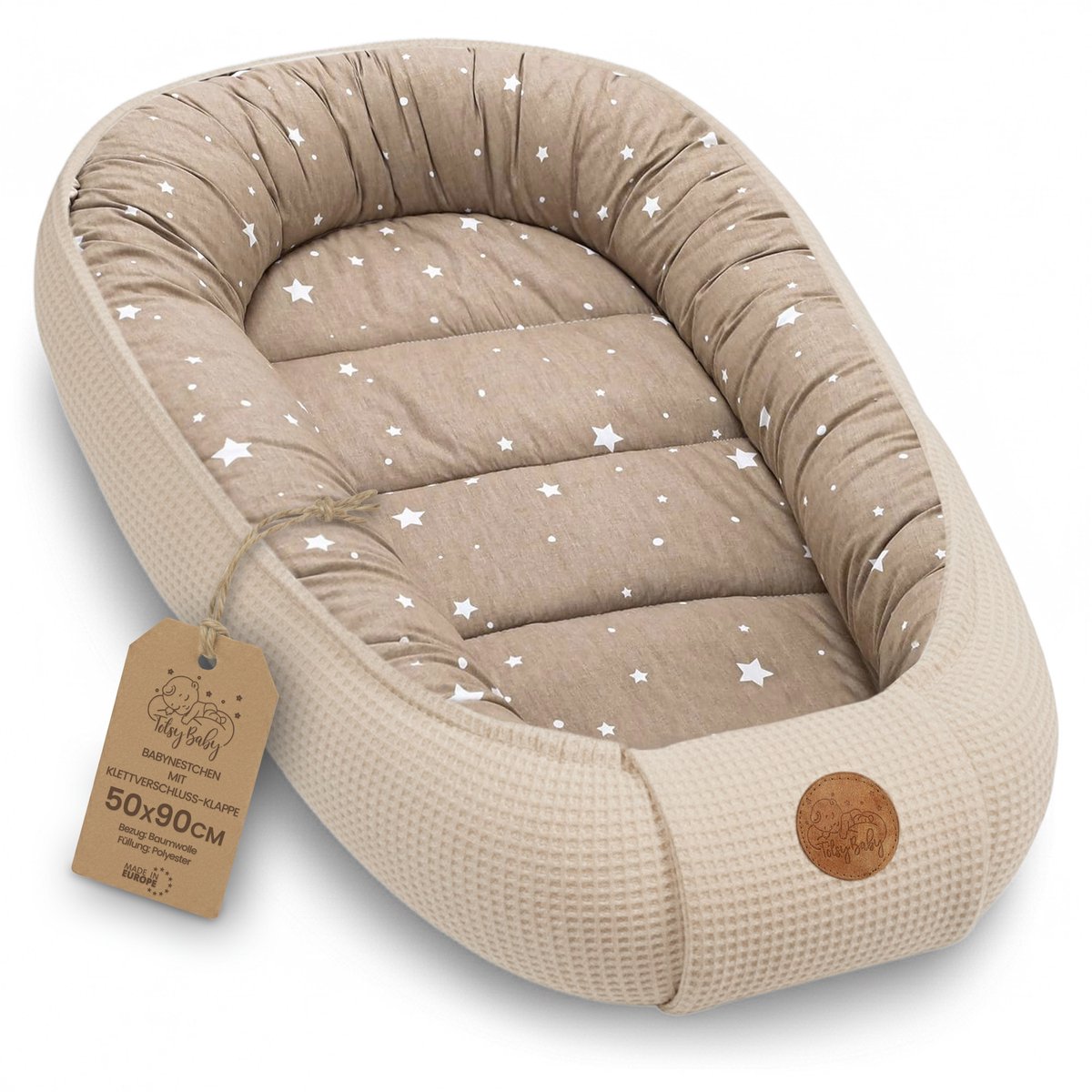 Babynestje Pasgeborene 50x90cm – Babynest behaaglijk Katoen & Wafel – zacht ademend en knus Nestje comfortabel voor Ledikant Wieg Kinderwagen Babykamer en Onderweg Beige met witte sterren