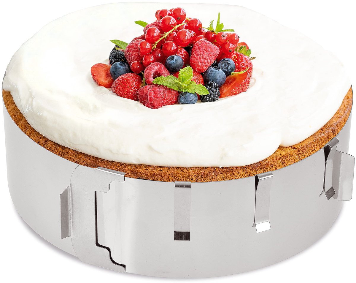 Taartring – heerlijke crème- en fruittaarten toveren in een mum van tijd – taartring van roestvrij staal – verstelbaar en fixeerbaar met klemmen – 7,5 cm hoog – made in Germany