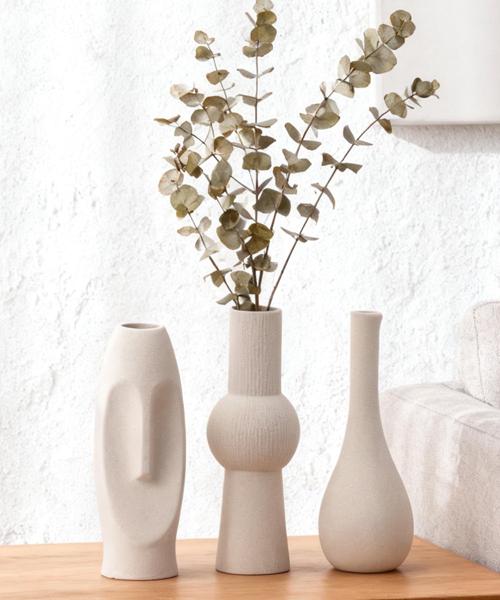 vazen, 3 stuks, minimalistische stijl, bloemenvazen, woondecoratie voor woonkamer, pampasgras, tafel (13 wit)