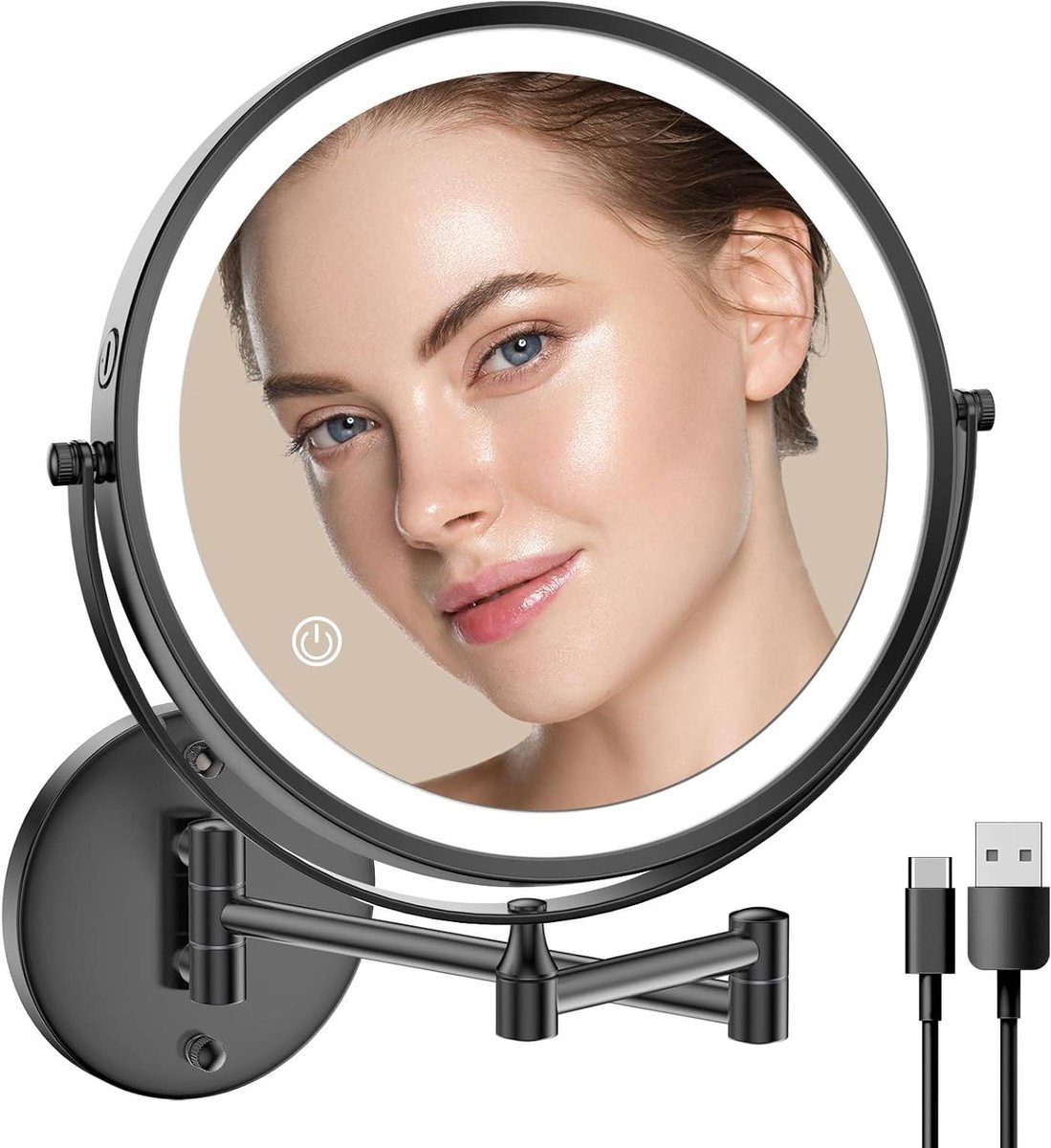 Wand Make-up Spiegel - Verlichte Spiegel - Badkamer Gebruik - Dubbelzijdig 10x Vergroting - 9 Inch Diameter - Zwart
