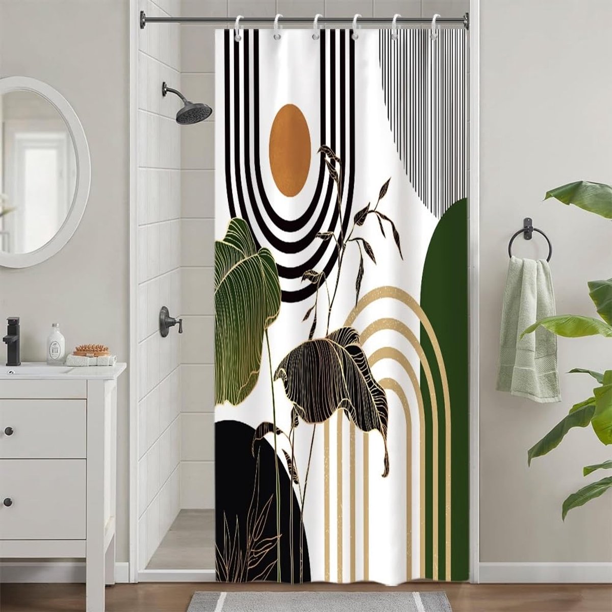 Douchegordijn, schimmelbestendig, smal, 90 x 180 cm, terracotta, bohemien, abstract, tropisch, palmbladeren, jungle, badgordijnen, wasbare stof, badgordijnen met 6 haken