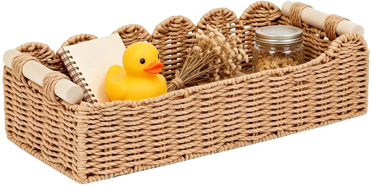 SnelShoppen - Gevlochten Opbergmand met Houten Handgrepen - Bruine Rotanmand voor Toiletpapier, Keuken, Badkamer, Kantoor - Handgemaakt Vlechtwerk, Mu