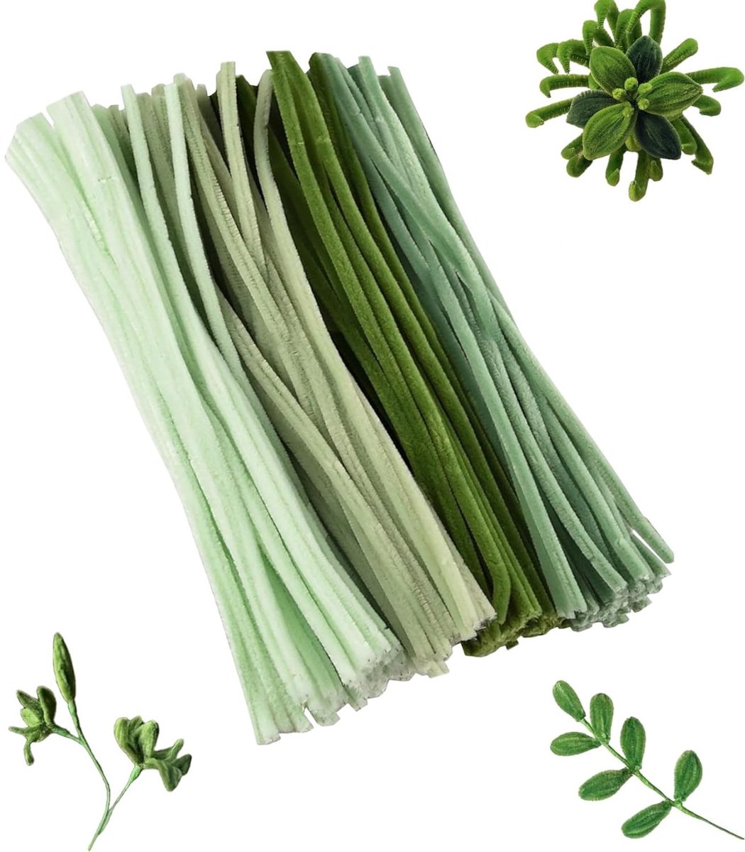 Groene Pijpenragers voor Creatieve Knutselprojecten, 200 Stuks in 4 Groene Tintenn (Tianqing Groen, Bamboegroen, Mistgroen) - Fluffy Rasserset voor Kinderen en Creatieve Activiteiten