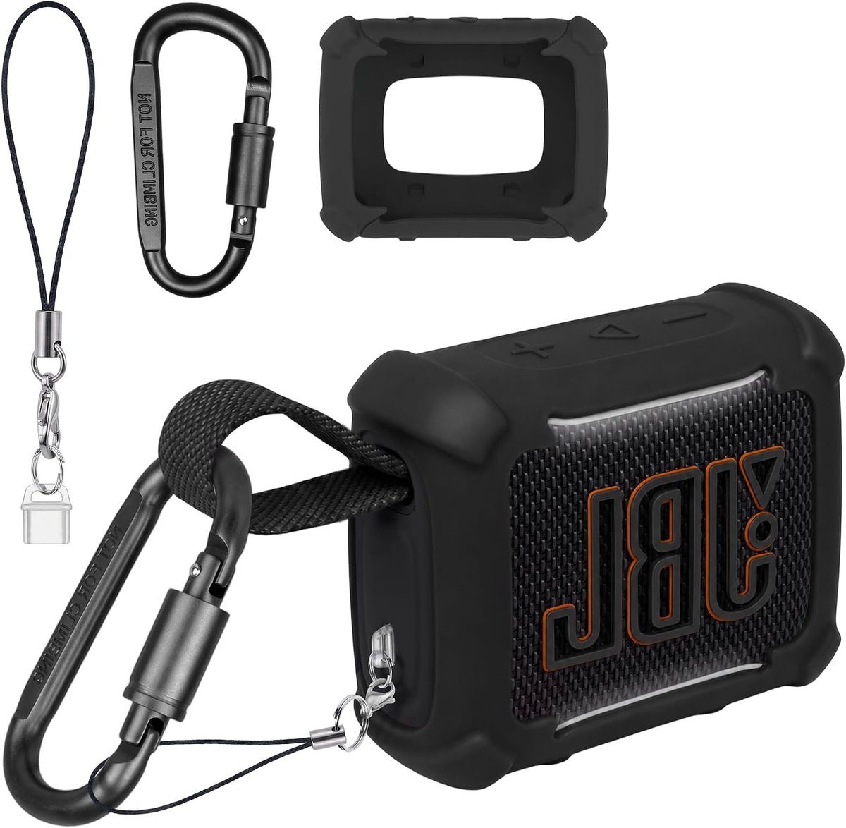 Schokbestendige en Lichtgewicht Beschermhoes voor JBL Go 5, Met Carabiner en Stofkap, Krasbestendig en Draagbaar - Zwart
