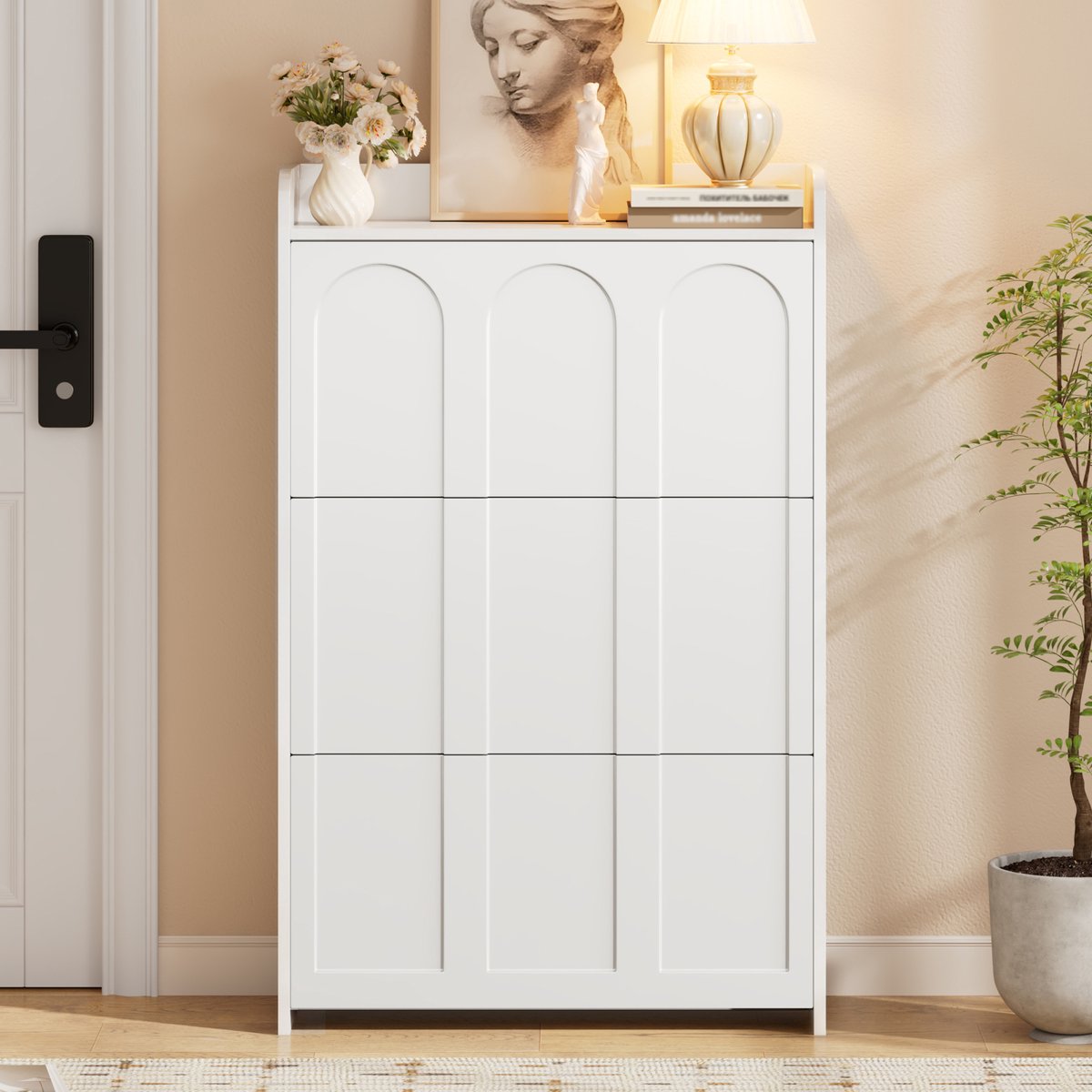 DESMIU Schoenenkast - Smal Staand Rek Met Kleppen En 6 Vakken - Voor Hal En Woonruimte - MDF - 70x25x120 Cm - Wit