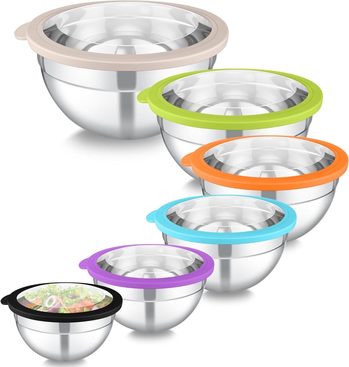 Mixkommen Set van 6 RVS met Transparante Deksel voor Salades, Koken en Bakken - Stapelbare Maten 4.5L, 2.8L, 2.5L, 1.6L, 1.2L, 0.7L - Ideaal voor Keuken en Serveren