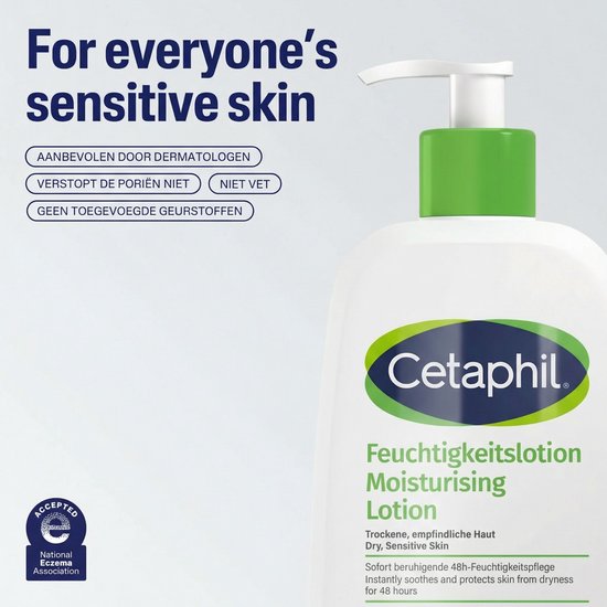 Witte Cetaphil Moisturising Lotion pompflacon met groene dop. Voor de gevoelige huid. Aanbevolen door dermatologen.