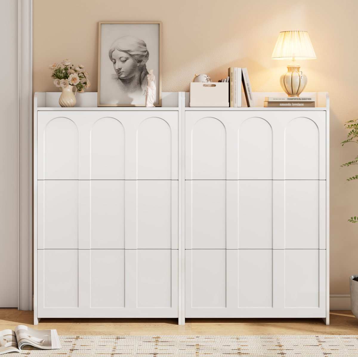 DESMIU Schoenenkast - 2-Delige Kast Met 6 Klepdeuren En 12 Vakken - Voor Hal En Woonruimte - MDF - 140x25x120 Cm - Wit