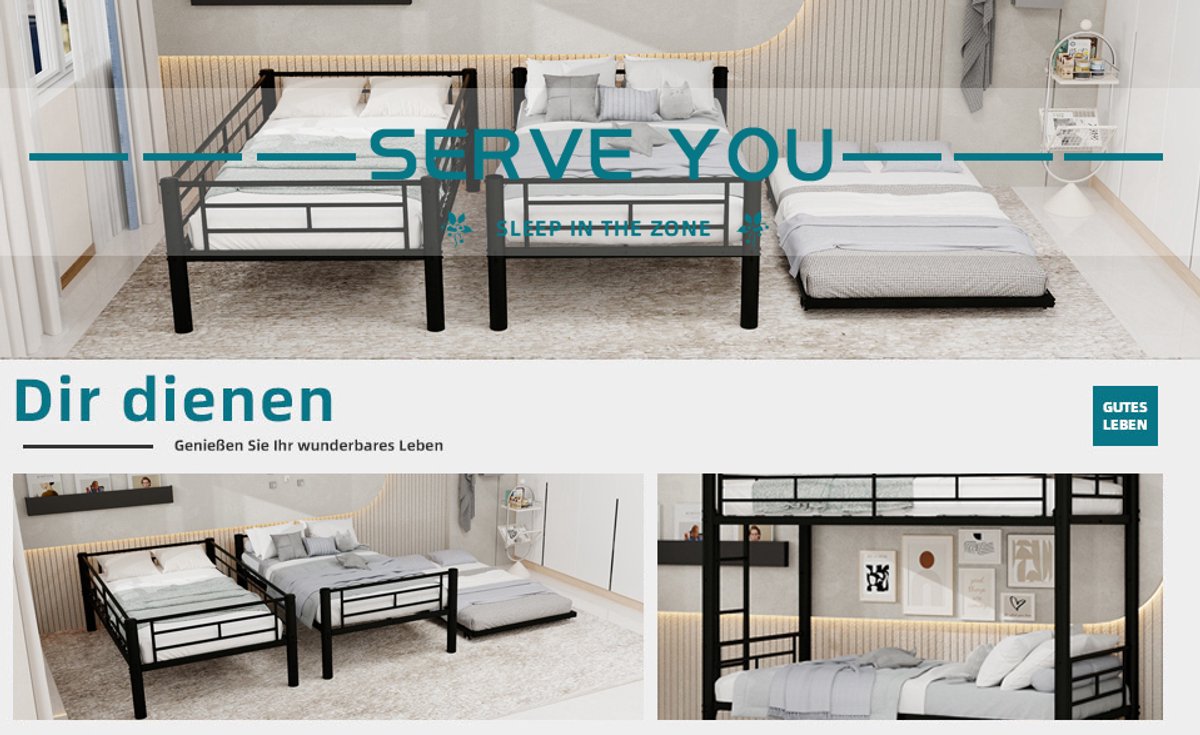 MIVRAY Stapelbed 90x190 cm - Eenpersoonsbed Met Uitvalbeveiliging En Ladder - Splitsbaar In 2 Bedden - Zonder Matras - Metaal - Zwart