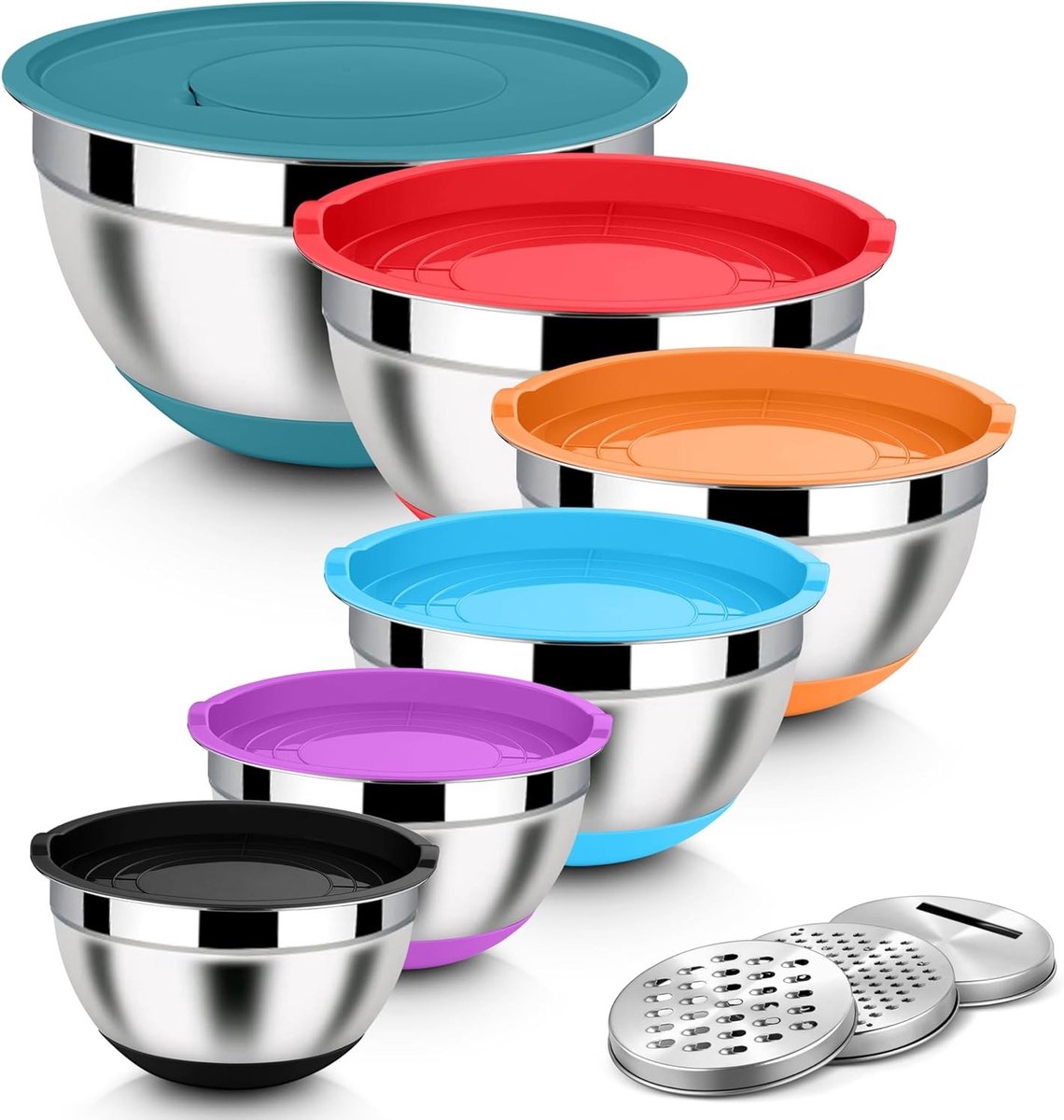 Set van 6 RVS Mengkommen met Grater, Luchtdichte Deksel en Siliconen Basis voor Salades, Groenten en Ingrediënten, Stapelbaar en Handig in Gebruik