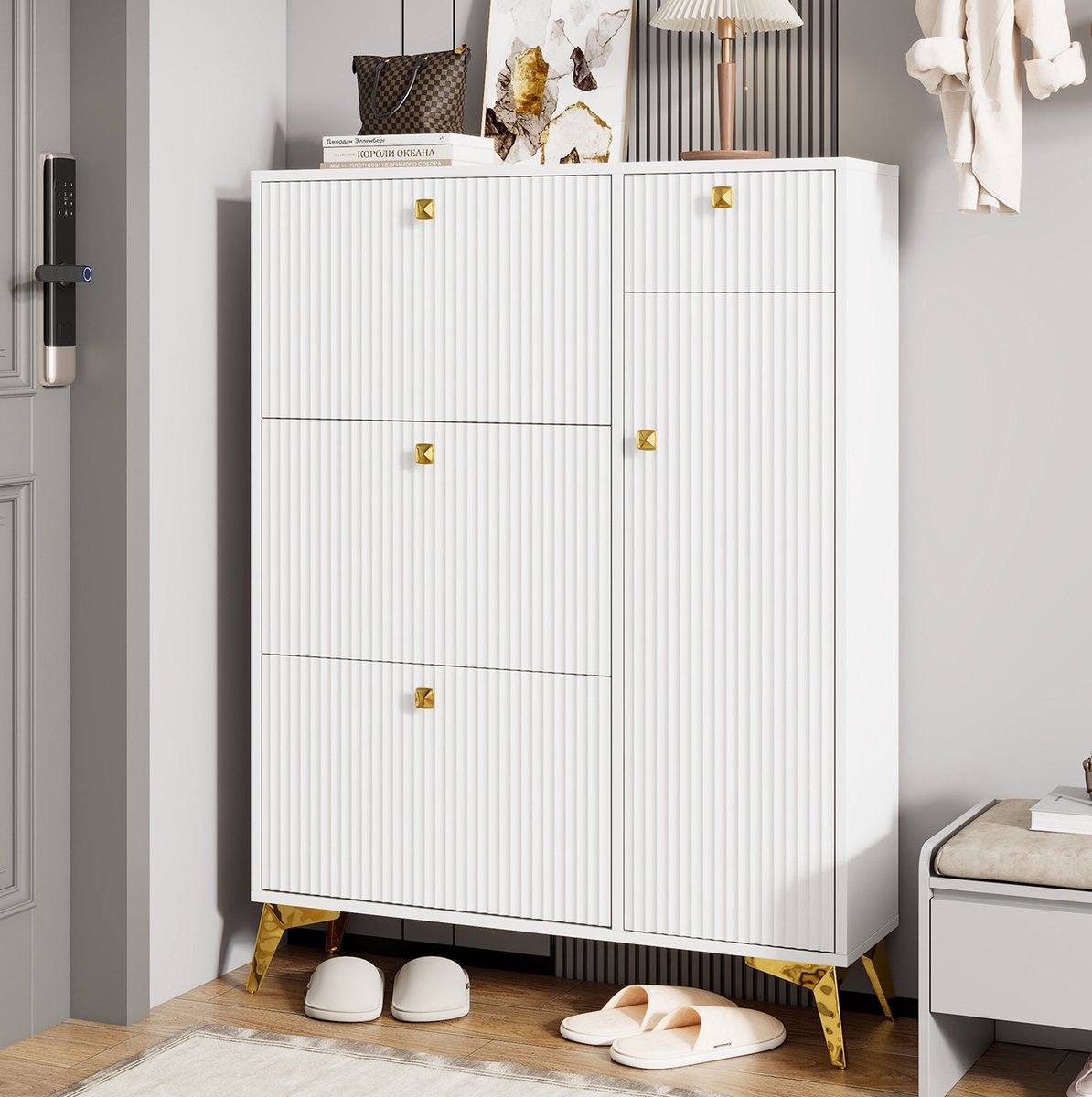 DESMIU Schoenenkast - Met 3 Kleppen, 1 Lade En 1 Deur - Moderne Opbergruimte Voor Hal En Woonruimte - Spaanplaat En MDF - 90x25x121 Cm - Wit