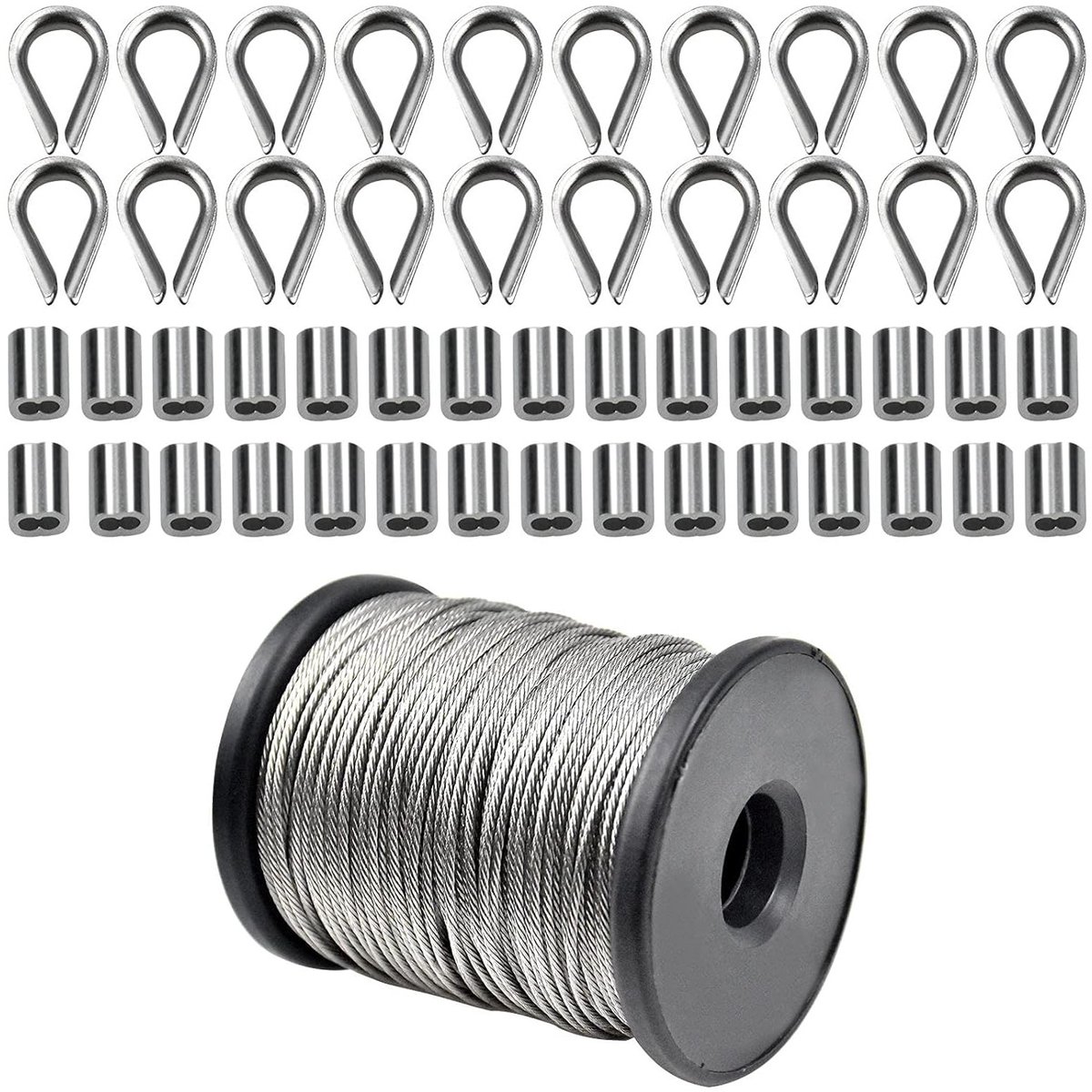 Roestvrijstalen kabel van 50 m x 1,5 mm, spanningstouw met aluminium klemmen en thimbles voor klimplanten, waslijnen en verlichting