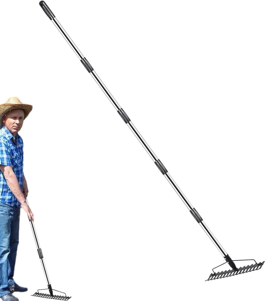 Tuin Hout - Metaal Hark - Bodem Bewerken - Verstelbare Lengte - 43 cm Breed - Metaal