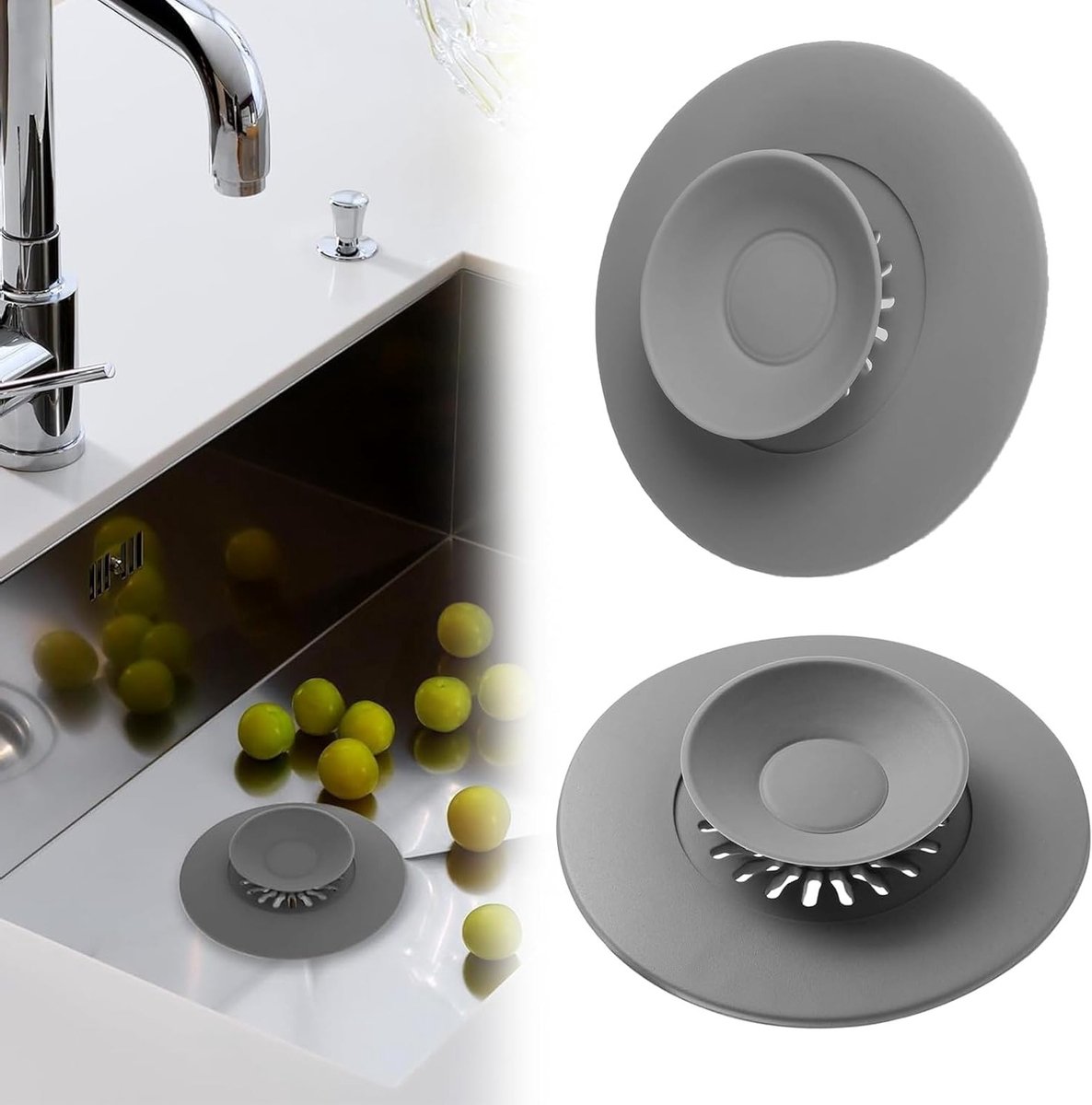 Siliconen afvoerstopper met drukknop en haarfilter, universele stop voor badkuipen en gootstenen, grijs, ideaal voor keuken en badkamer
