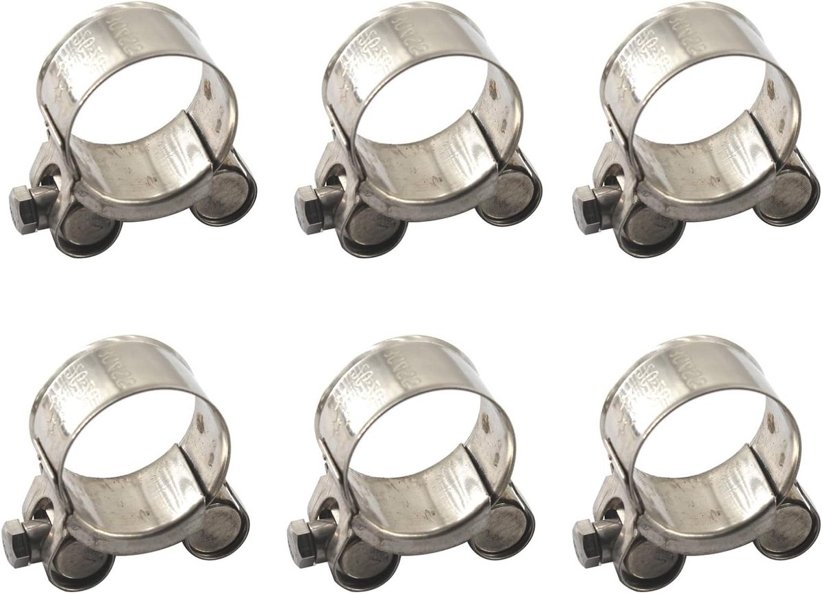 Set van 6 RVS T-boutslangenklemmen 23-25mm voor pijpen, slangen en bevestigingen