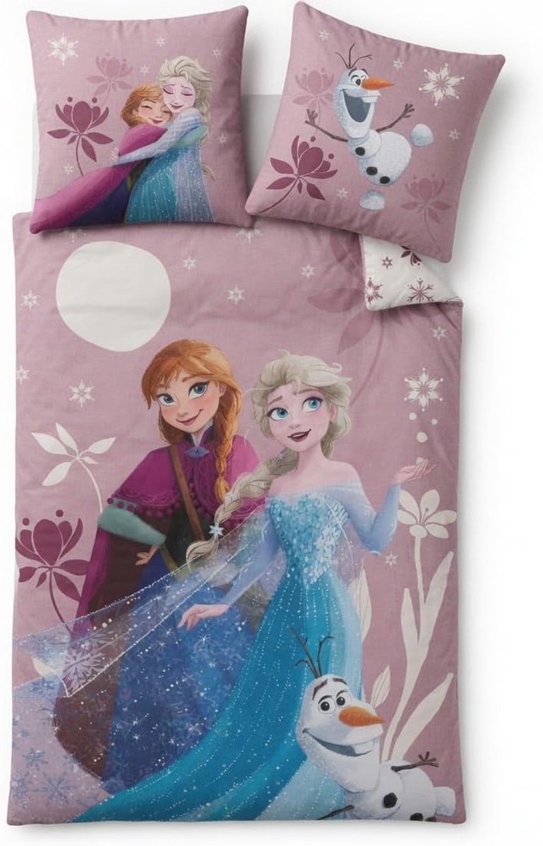 Thijox - Beddengoed Frozen Anna Elsa Olaf 140x200 cm + Kussensloop 65x65 cm | Omkeerbaar Dekbedovertrek | Zacht Polykatoen | Oeko-Tex Gecertificeerd |