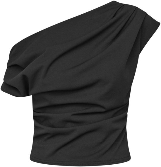 Zwarte one-shoulder top van Sisters Point met gedrapeerde mouw en gerimpelde buik.