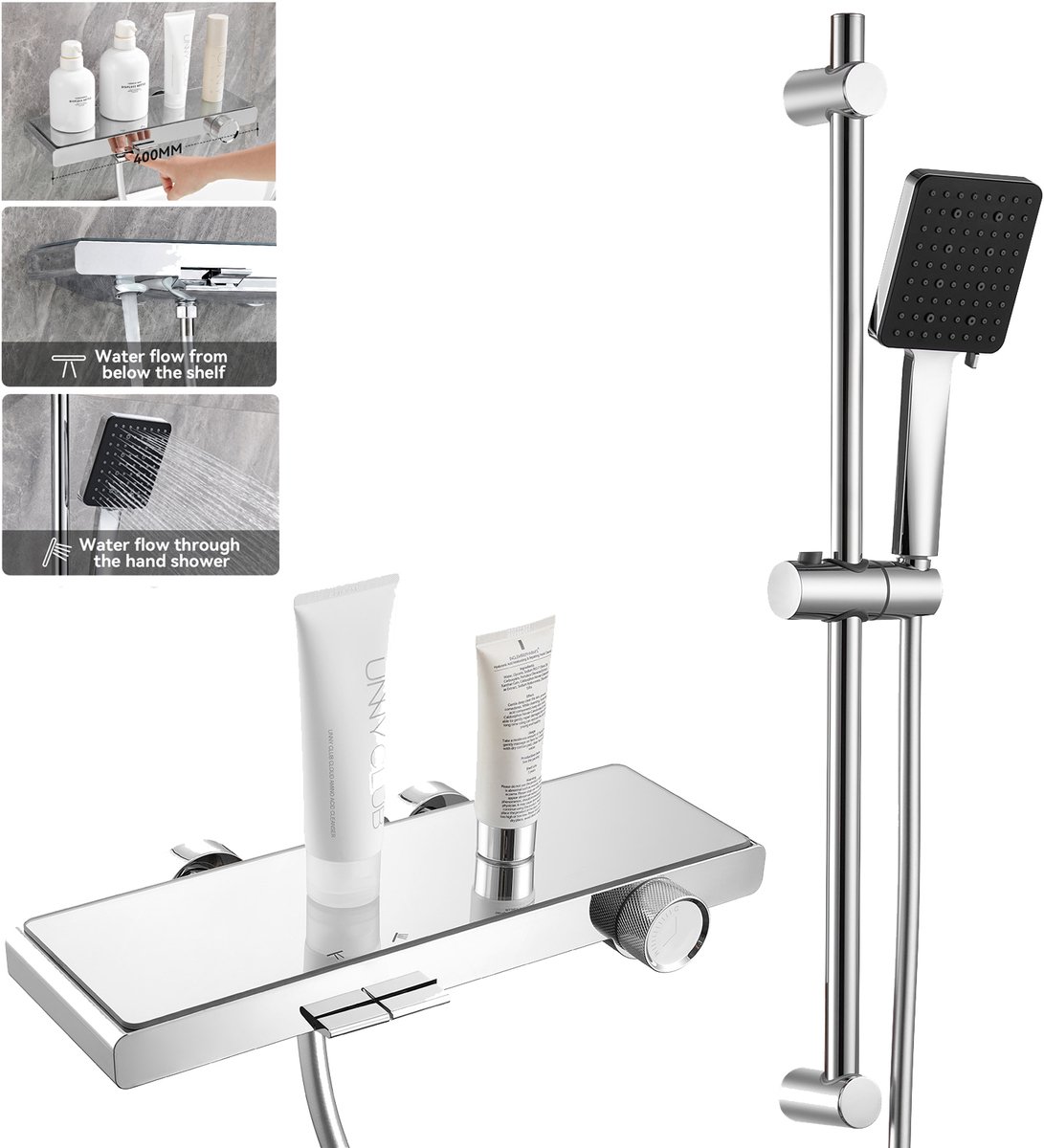 Auralum Max Badkraan Met handdouche - Douchekraan 2 Uitlaten - Waterval Badkraan Mengkraan - 40 cm Groot Plankje - 70 cm Verstelbare Glijstang - 6 Standen Douchekop - Doucheset - Chroom