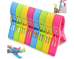 8 stuks - Wasknijpers - Kledingknijpers - Handdoekclips voor op het strand - Winddichte clips - Plastic clips - Sokclips - Kleurrijk - Grote plastic clips - Geschikt voor handdoeken dekens kleding dekbedden lakens tapijten en tafelkleden