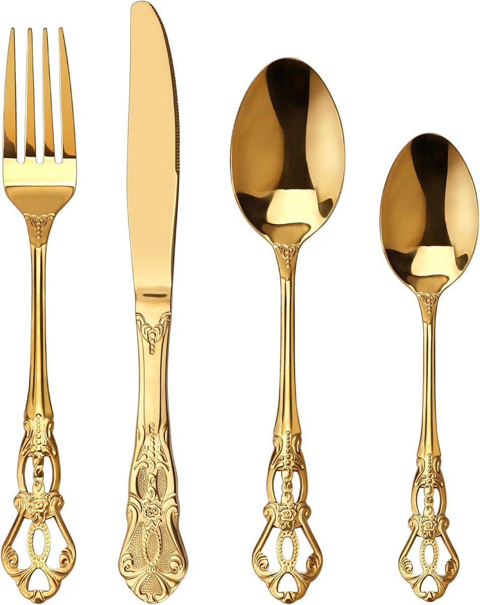 Thijox - Retro Goud Flatware Set voor 6 Personen, 24-delig Roestvrijstalen Antieke Barokke Bestekset, Vorken, Lepels en Messen voor Feestelijke Gelege