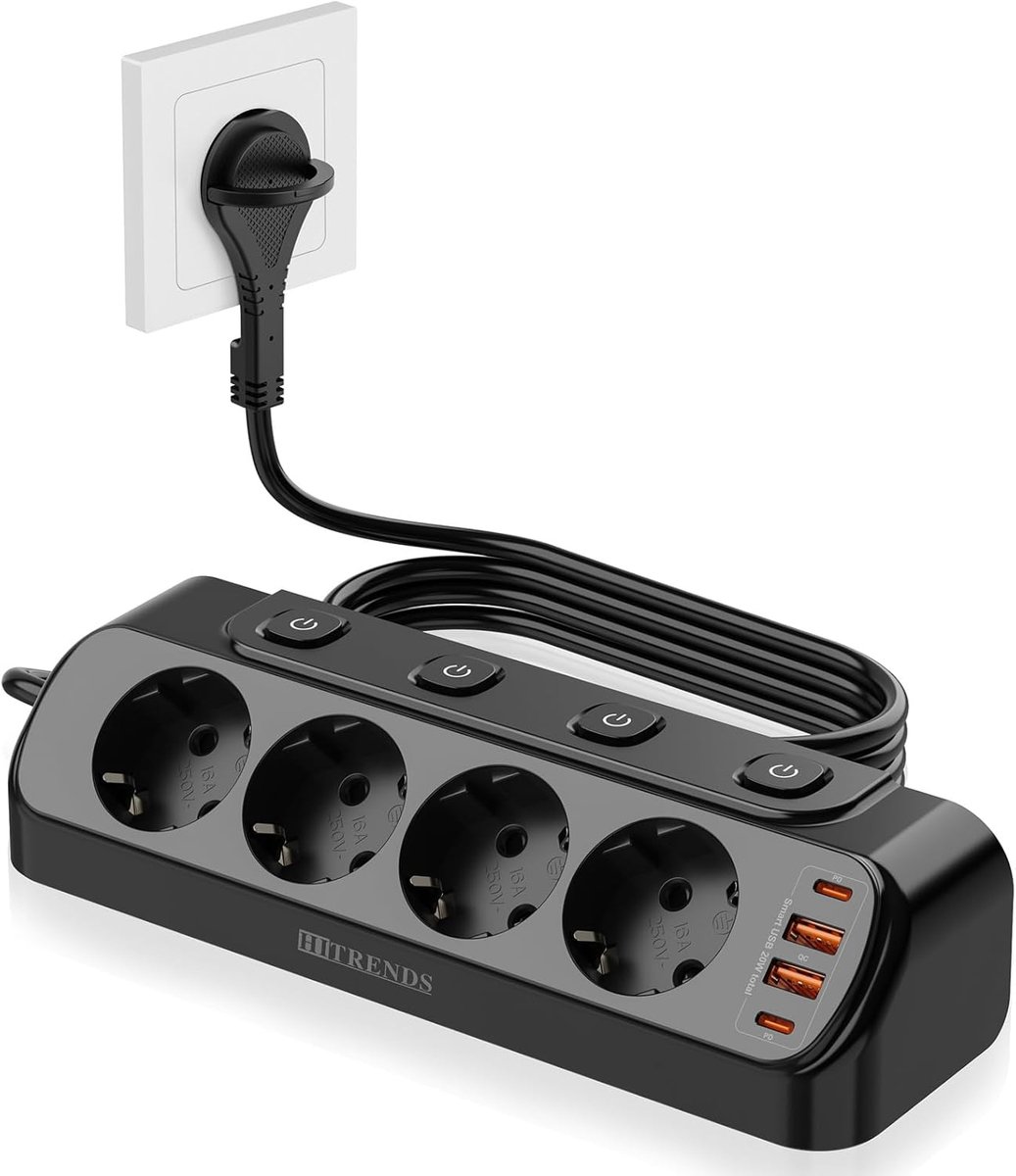 Thijox - Tafelstopcontact met USB, 8-in-1 stekkerverdeler, 3m platte kabel, 4 schuko-stopcontacten, 2 USB-C, 2 USB-A, afzonderlijk schakelbaar, zwart