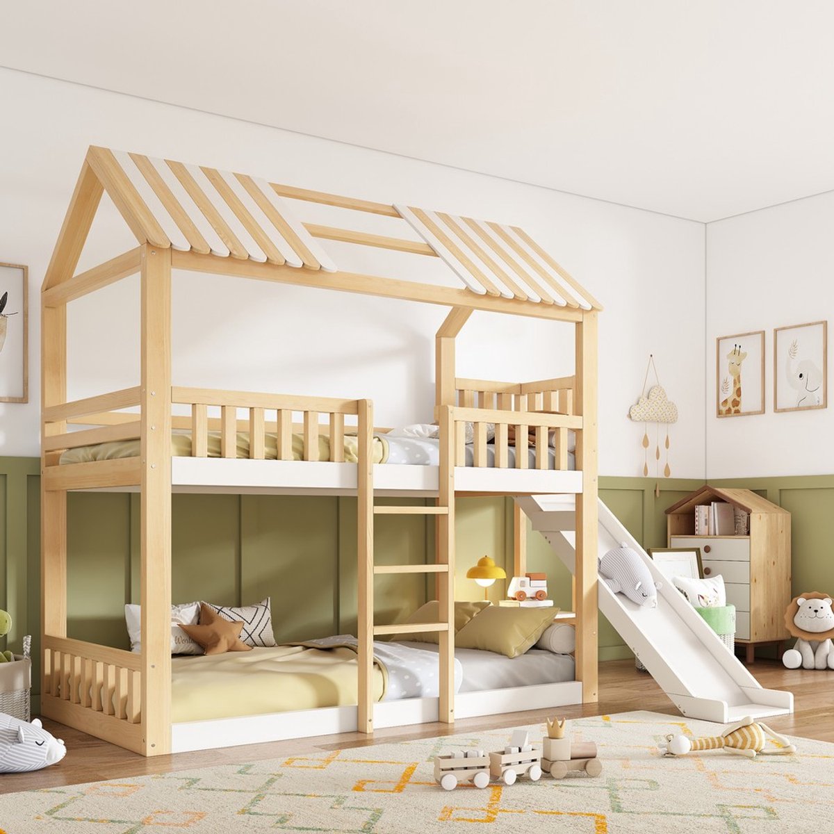 KOMHTOM - Huisbed / hoogslaper - 90 x 200 cm - Puntdak met plank en glijbaan - Veilige opstap - Wit & naturel