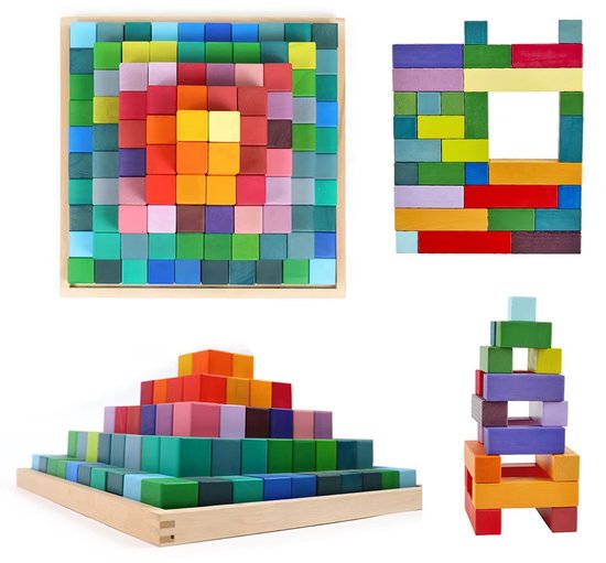Houten blokken in tray - Regenboogkleuren - 100 blokken - Open einde speelgoed - Educatief montessori speelgoed - Grapat en Grimms style van Houten — afbeelding 3