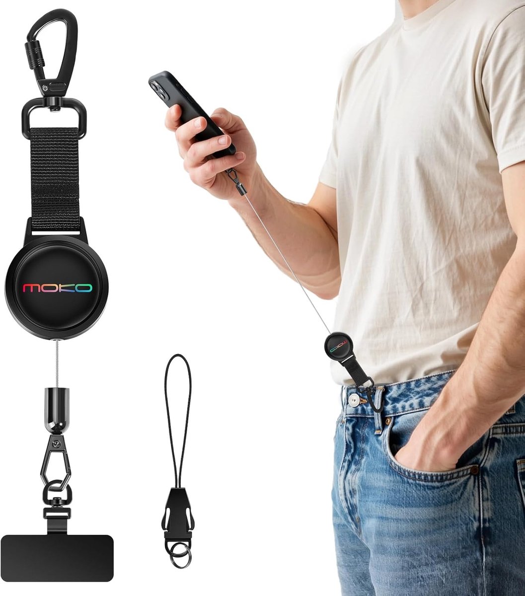 Thijox - MoKo Anti-theft Telefoon Tether - Universele Telefoon Lanyard Met Retractable Stalen Koord, Vergrendelbare Karabijnhaak, 360° Tether Tab Voor