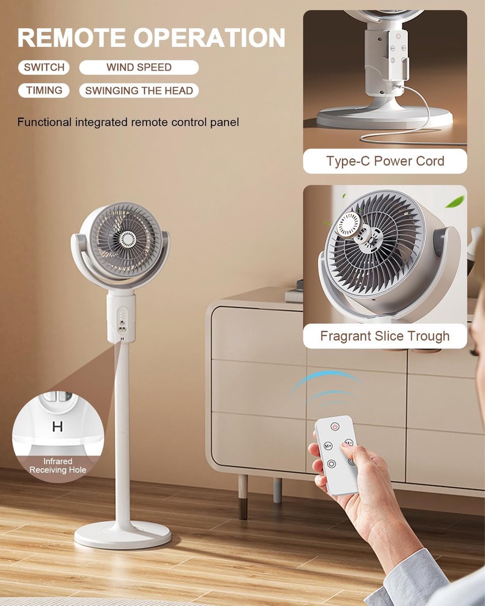 KZQ Staande Ventilator Voor Slaapkamer - Luchtcirculator - 90° En 180° Oscillerend - 5 Snelheden - 3 In 1 Vloer En Tafel Model - 38cm 60cm 82cm Verstelbare Hoogte - Met Afstandsbediening - Voor Thuis En Studentenkamer - Wit – foto 3