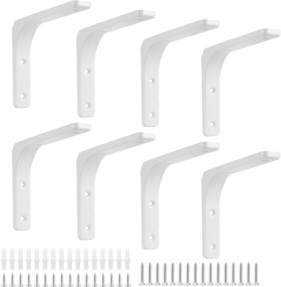 Plankbeugels voor zware lasten, wit, 200 x 150 x 30 mm, stevige metalen plankdragers met schroeven en pluggen, ideaal voor wandmontage en hoekrekken, 8 stuks
