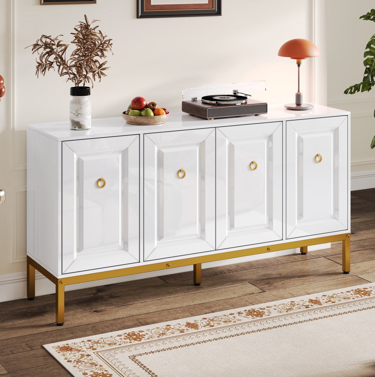 COVREO dressoir 140 x 40 x 80 cm - hoogglans opbergkast met verstelbare planken, wit en goud