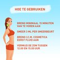 Een vrouw in sportkleding met vinkje. Tekst over hoe te gebruiken, aanbrengen en zon vermijden.