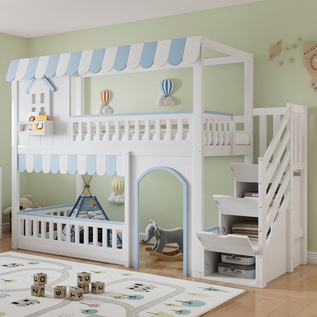 KOMHTOM - Stapelbed - Kinderbed - Opbergkast in trap - Grenen + MDF + multiplex - 90 x 200 cm wit + blauw