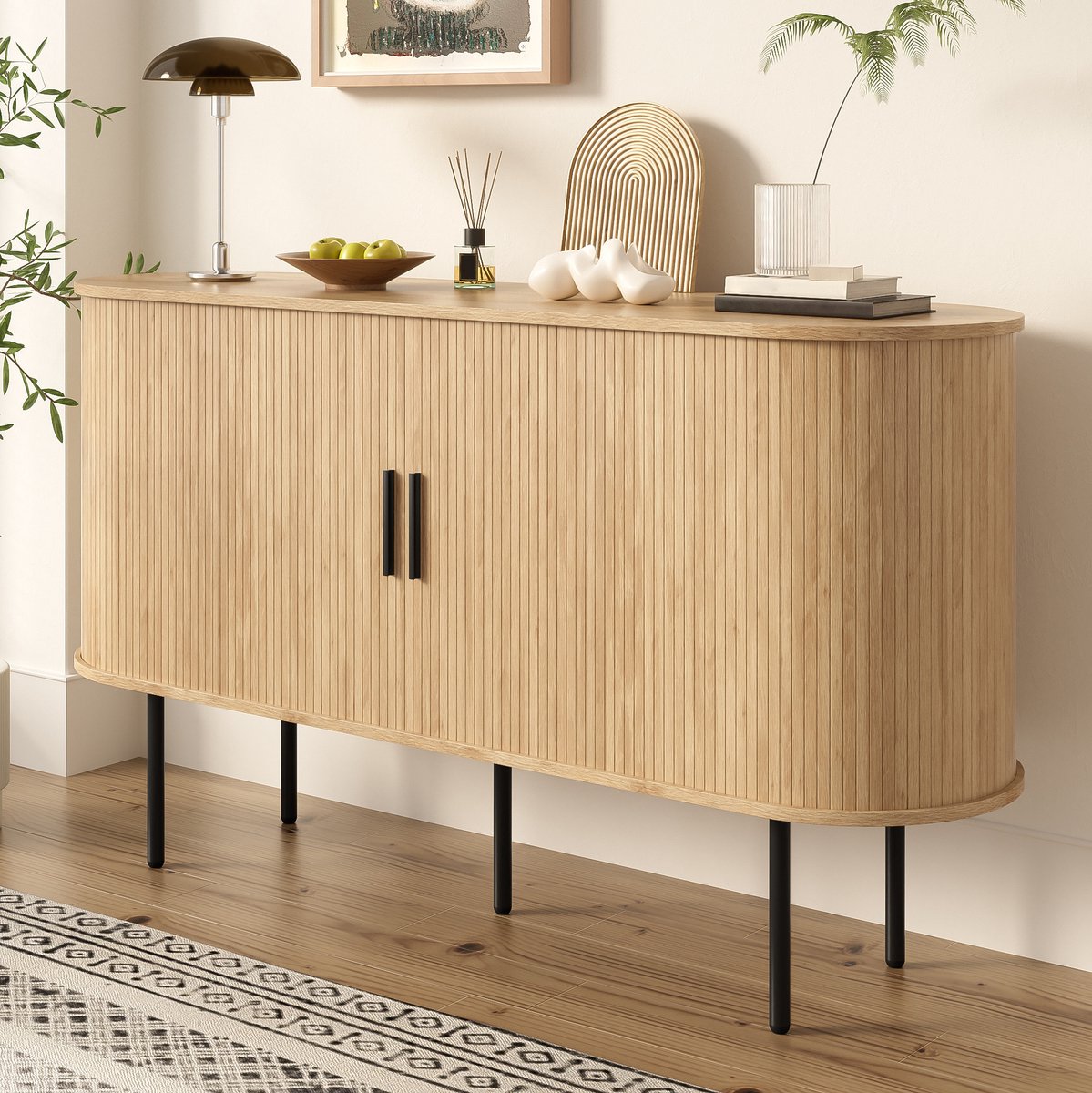 COVREO Dressoir 140 x 40 x 78 cm - MDF opbergkast met roldeur, houtkleur en zwarte poten