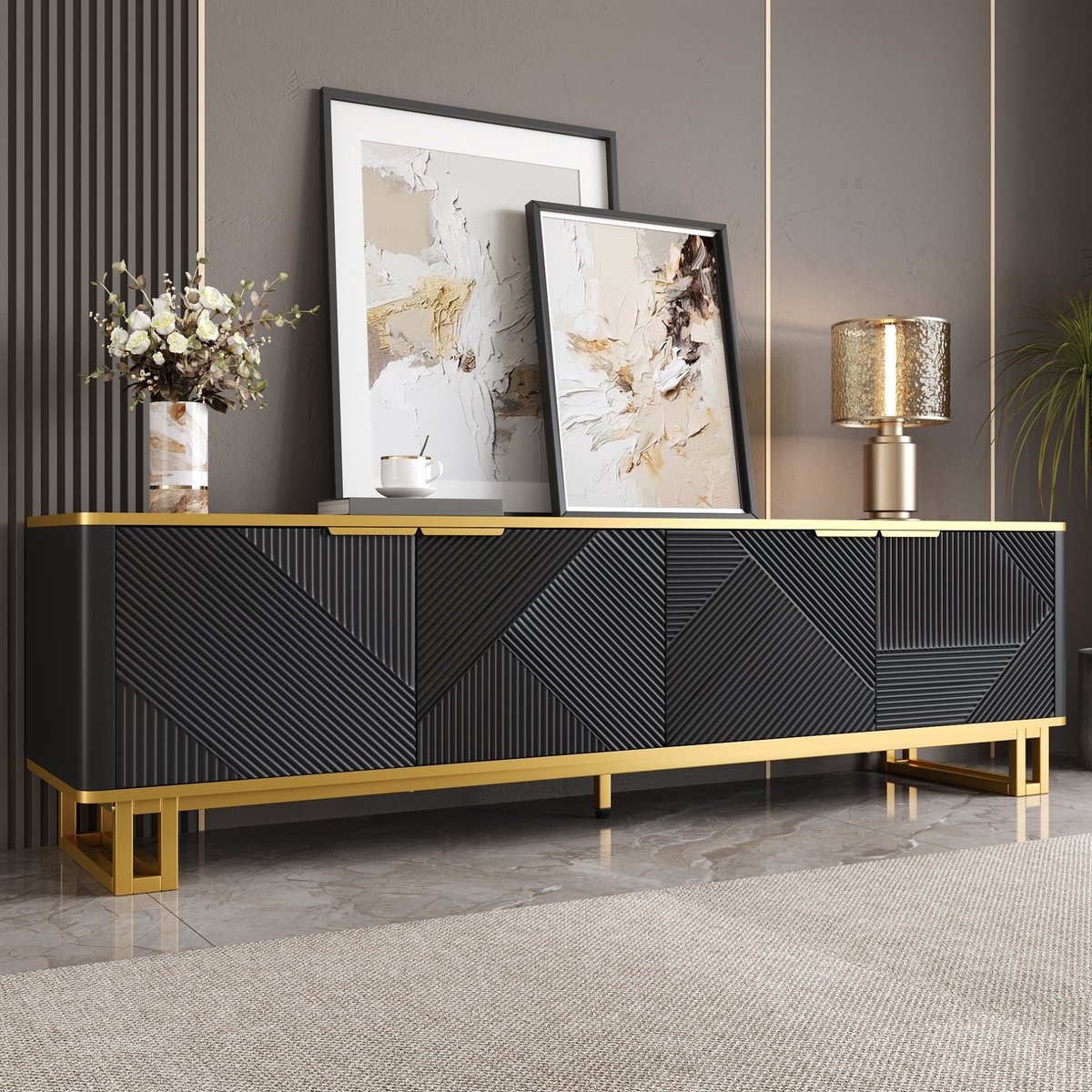 COVREO TV-meubel 160 x 37,5 x 48 cm - 4 deuren, open vak, kabeldoorvoer, zwart goud
