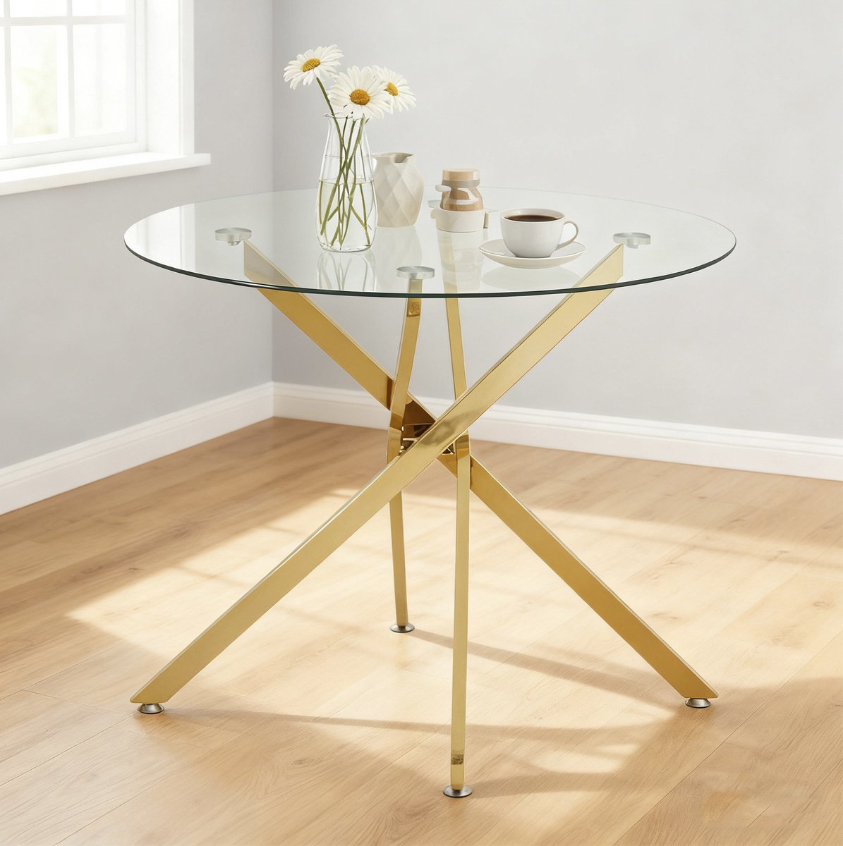OKWISH Eettafel - Rond Design Van Gehard Glas - Voor 2 Tot 4 Personen - Modern Minimalistisch - 80 x 80 x 76 cm - Gouden Metalen Kruispoot