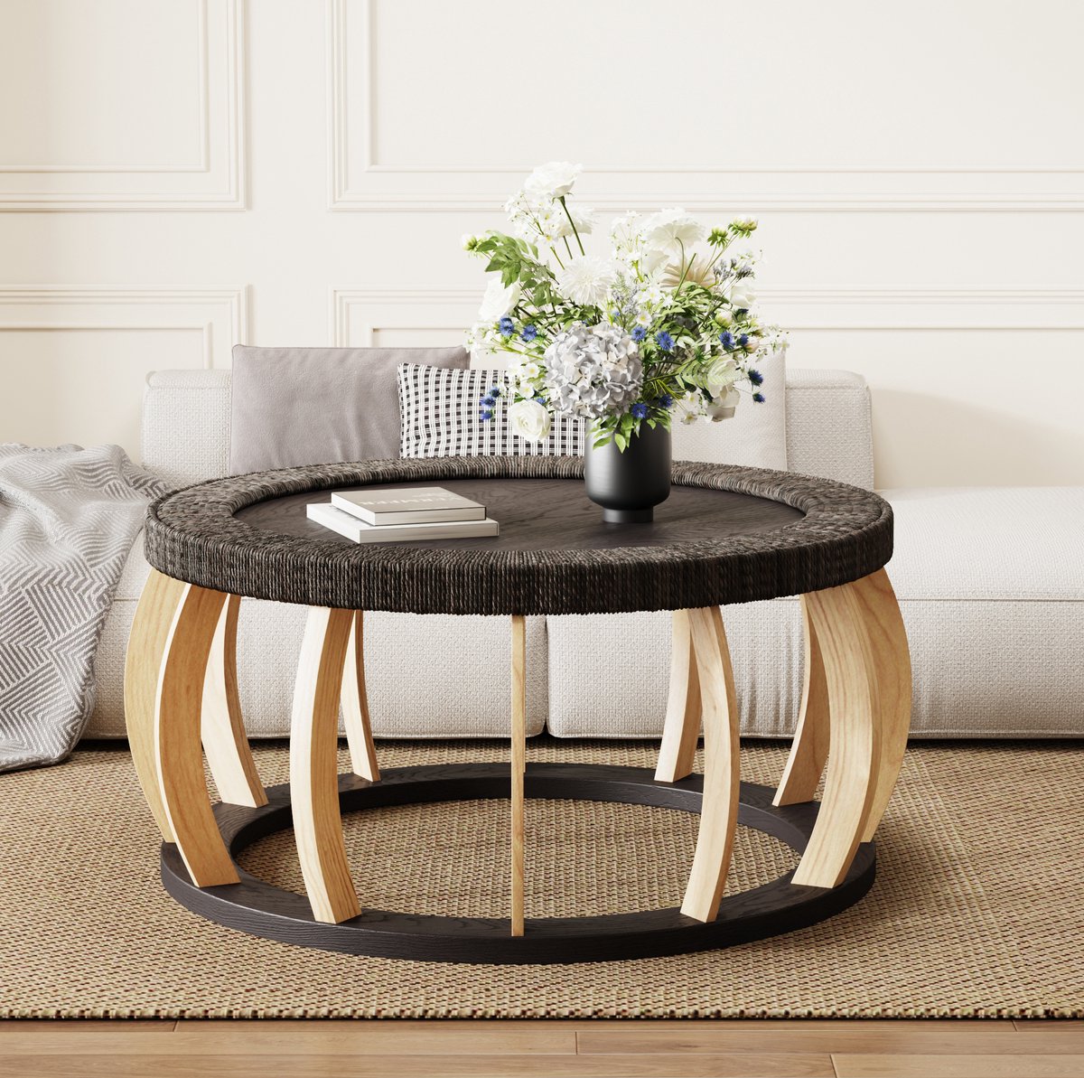 OKWISH Salontafel – Ronde Vintage Tafel Met Rotanlook – Voor Woonkamer, Eethoek En Keuken – Massief Hout En MDF Zwart Bruin – 90 cm