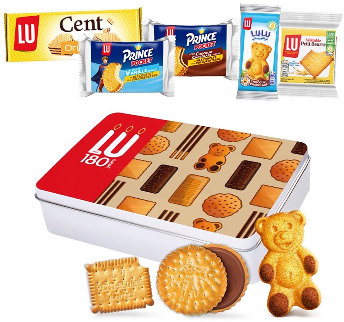 LU koekjesmix 180g - LU 180 jaar jubileum - Lulu beertjes choco, Cent Wafers, Véritable Petit Beurre, Prince pocket chocolade & vanille - 5 stuks individuele verpakte koekjes