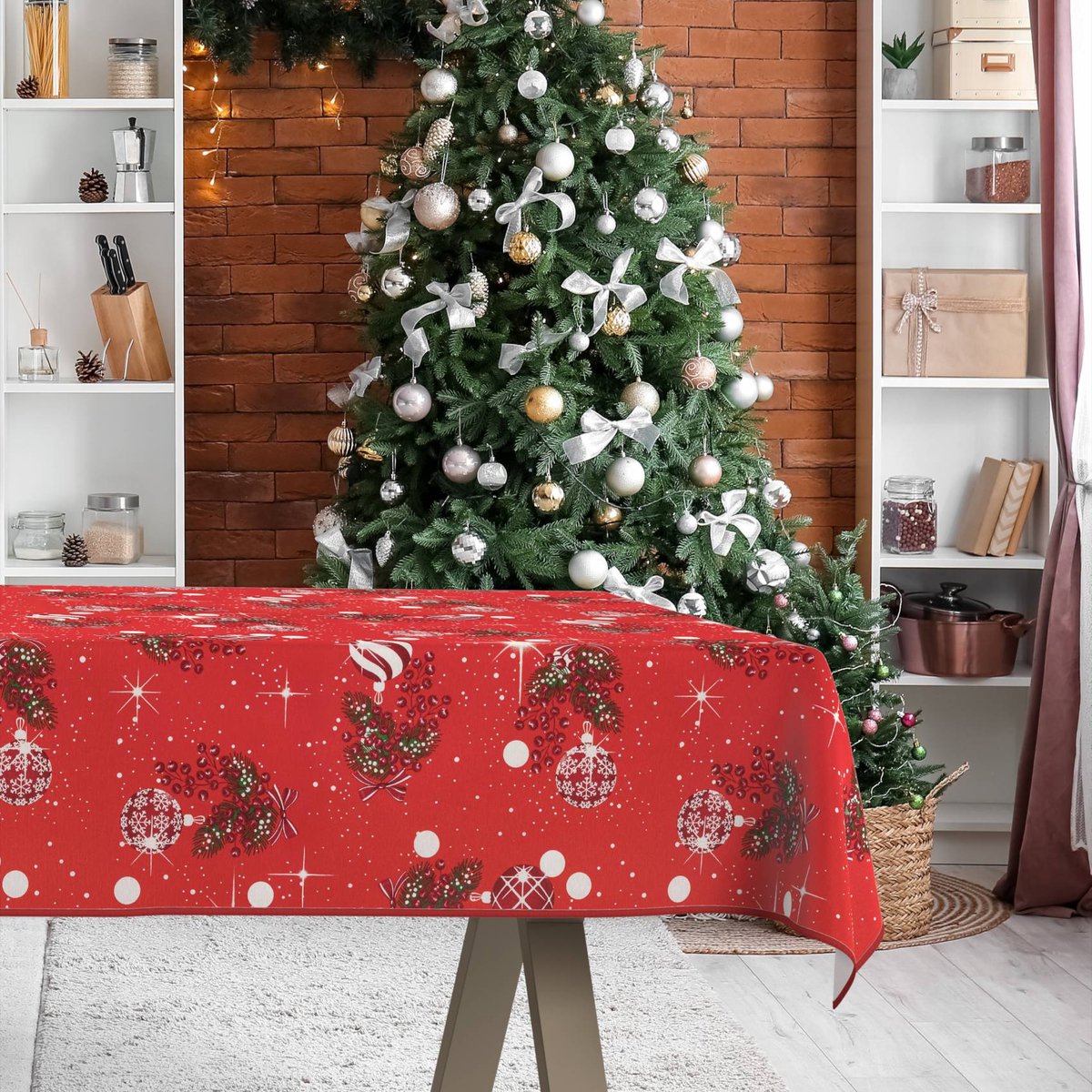 ANRO Tafelkleed Kerst maretak Rood 180x100cm Met sierband Afwasbaar Waterafstotend Binnen & Buiten