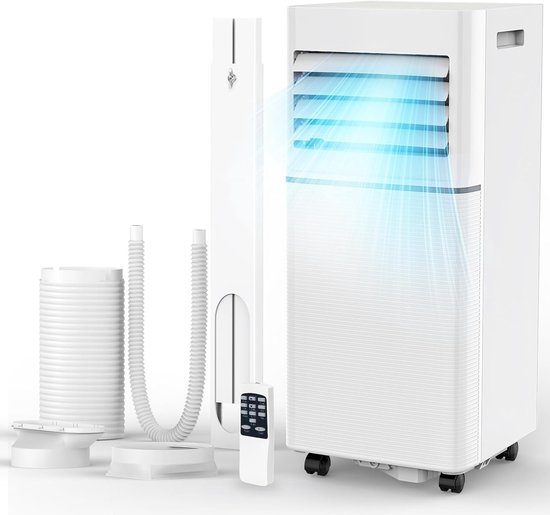 Wit mobiel airconditioner met afstandsbediening, slang en accessoires op een witte achtergrond.