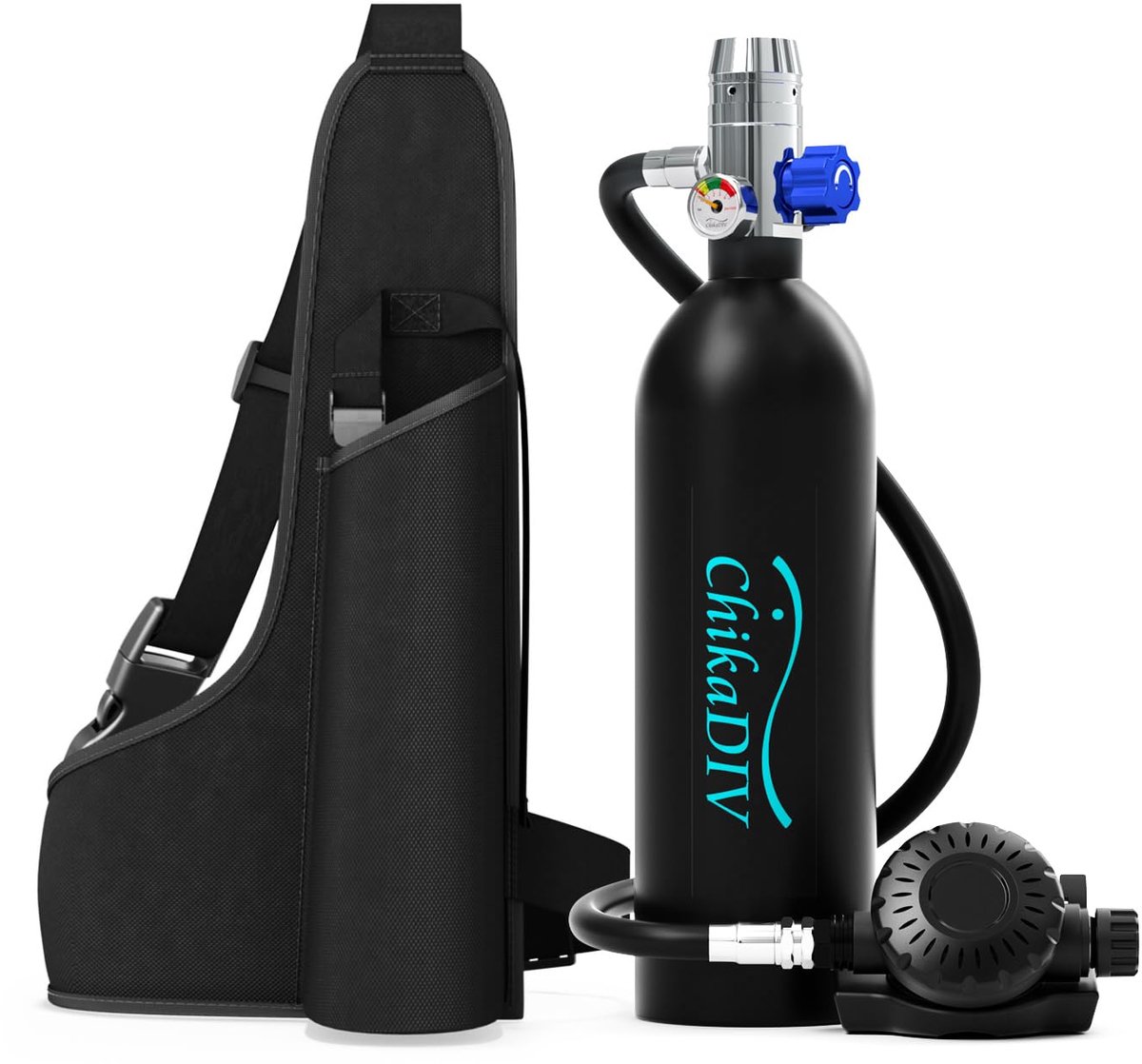 Mini duikfles-Draagbare persluchtfles met drukmeter-1 L-75 ademhalingen-200 bar-Snorkelen en noodsituaties-36 x 7,6 x 8,9 cm-zwart