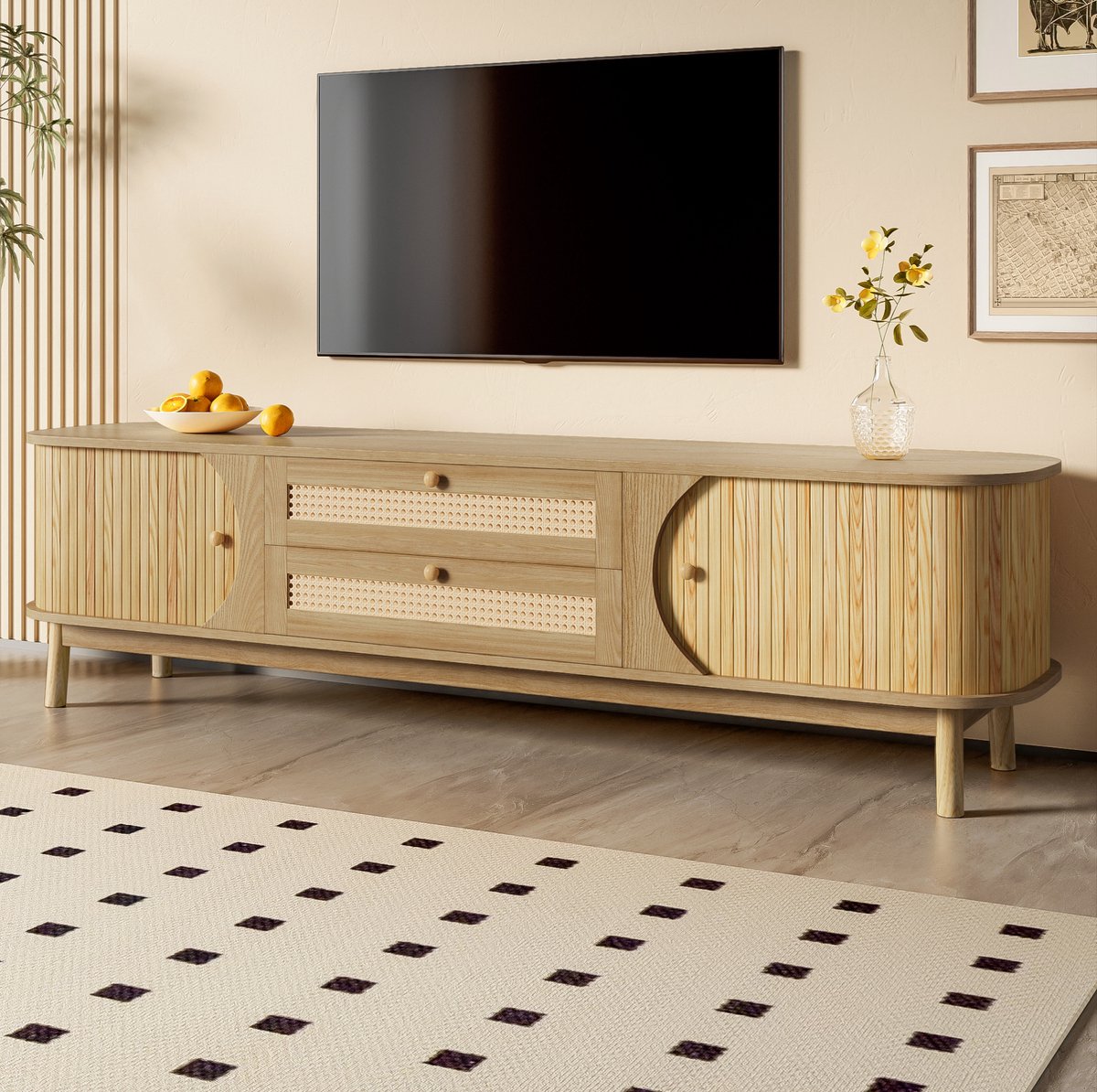 COVREO TV-kast 170 x 39,5 x 46 cm - met deuren, 2 lades en rattan afwerking, naturel